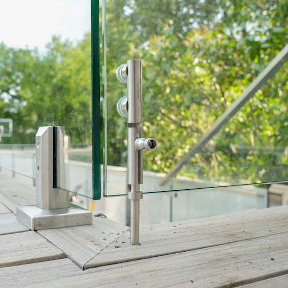 Brushed stainless floor lock for frameless glass railing gates