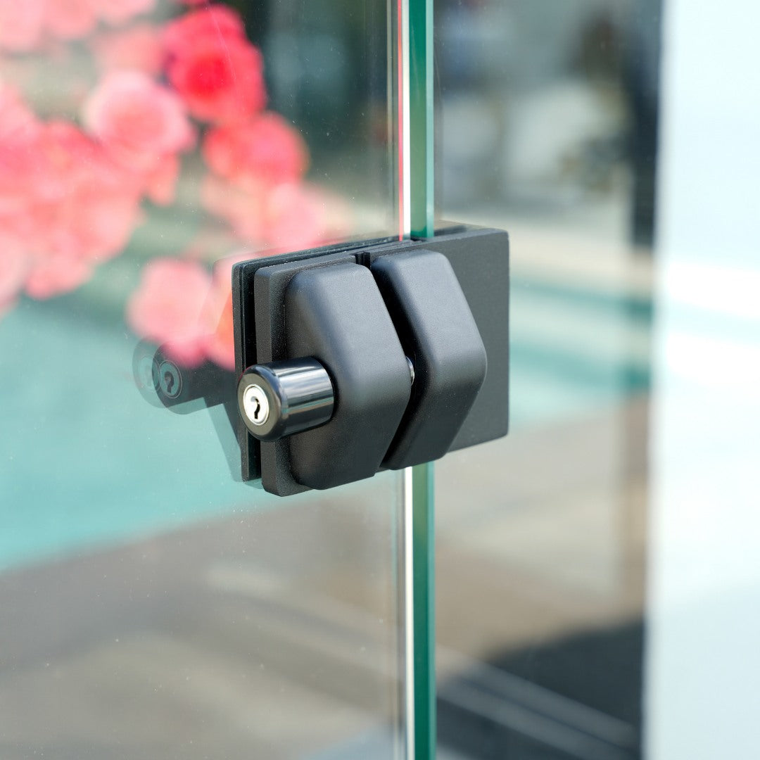 Matte black 180-degree gate latch for glass railing gates and pool fences