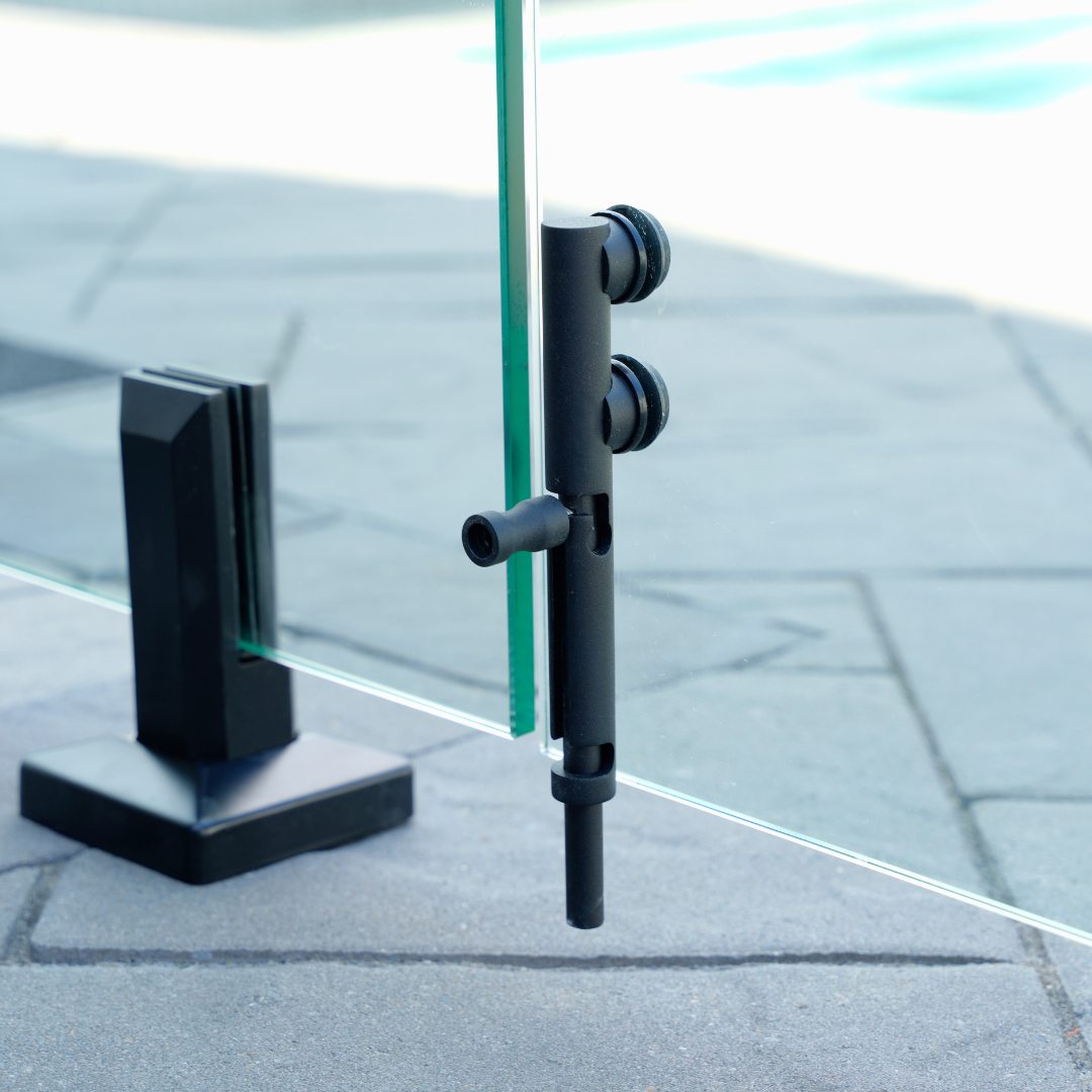 Matte black steel glass railing floor lock for securing glass panels