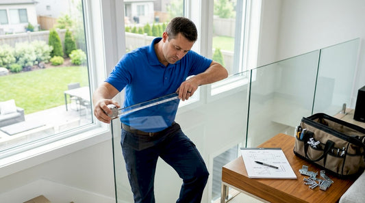 Contractor measures glass railing in sunlit living room
