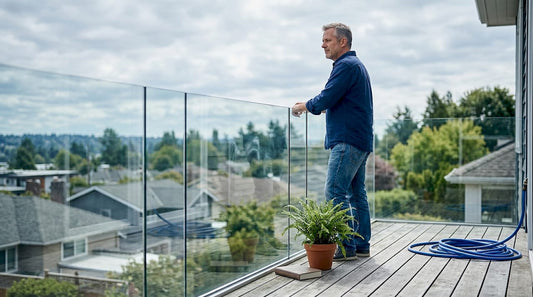 Homeowner admires view behind clear glass barrier