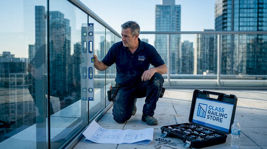 Contractor aligning glass railing on terrace