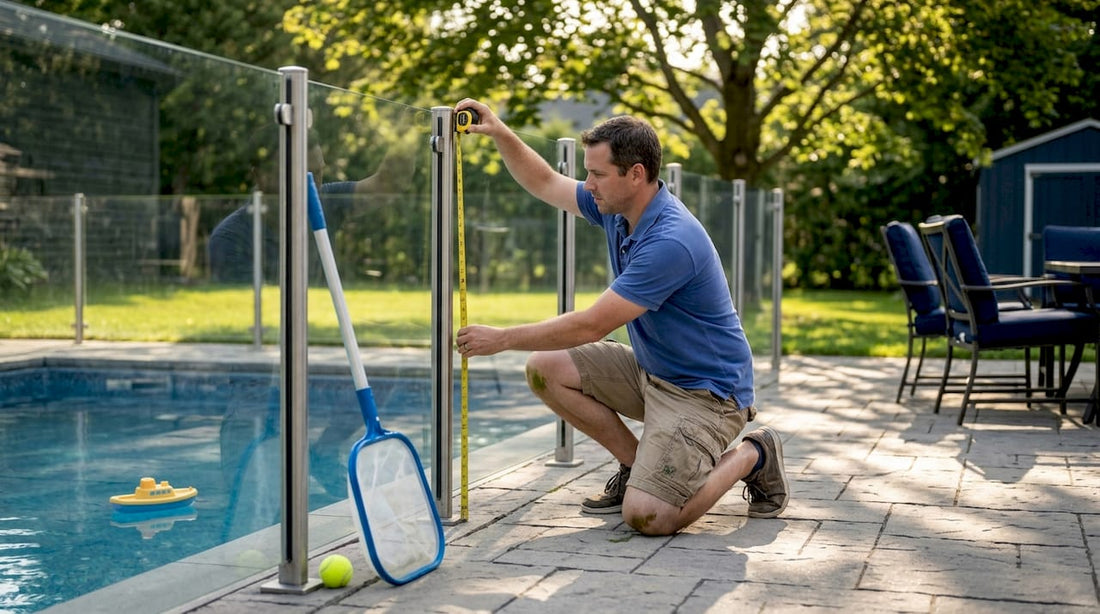 Man checking height of glass pool fence
