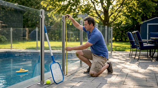 Man checking height of glass pool fence