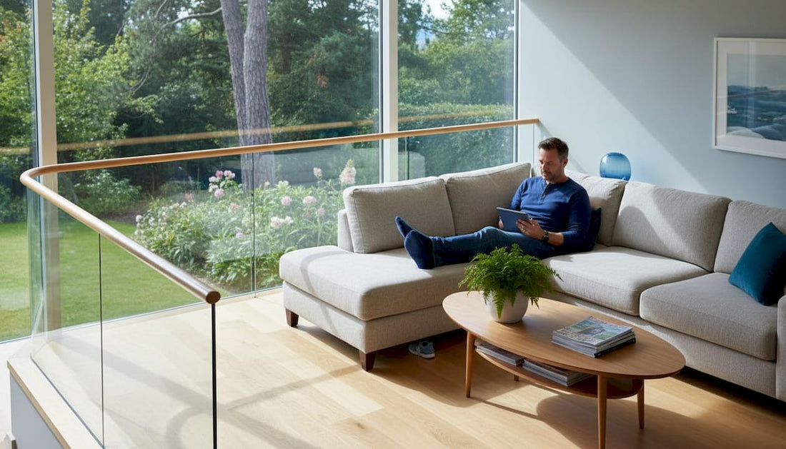 Family living room with glass railing and sunlight