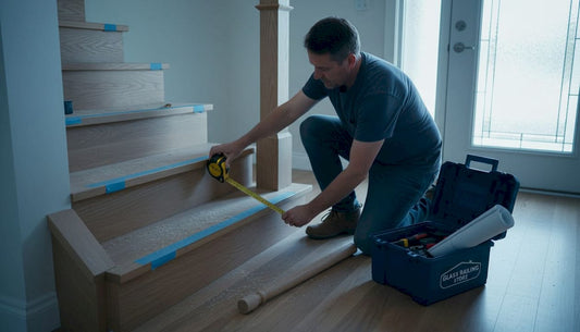 Homeowner measuring wooden staircase for renovation