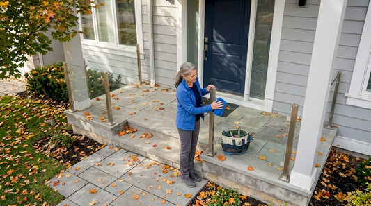 Homeowner inspecting glass porch railings