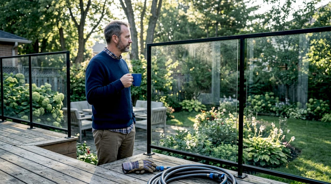Homeowner with tempered glass deck railing outdoors