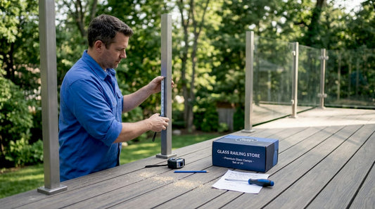 Homeowner measures deck for glass railing install