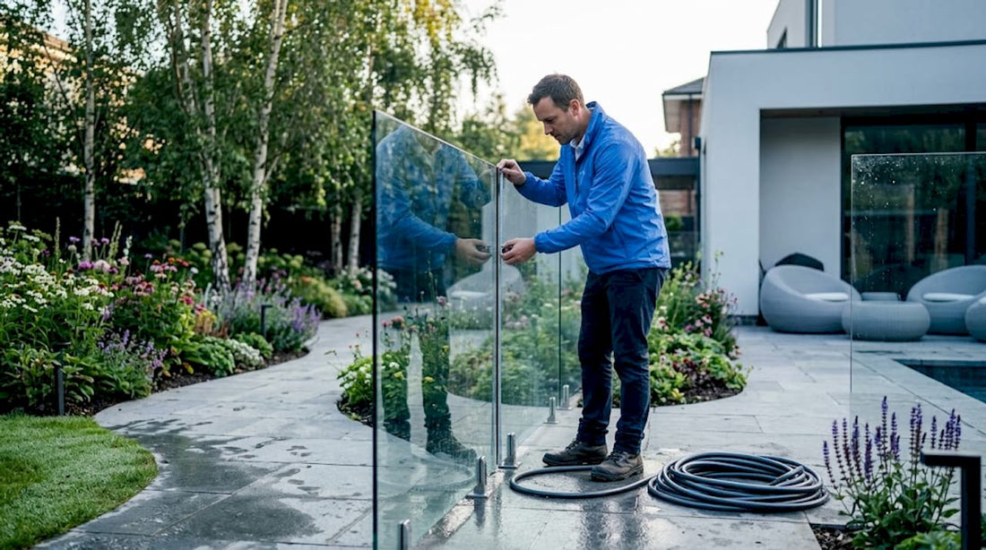 Architect inspecting garden glass fence in early morning