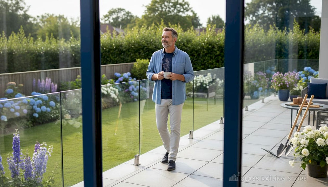 Homeowner enjoying view behind glass railings