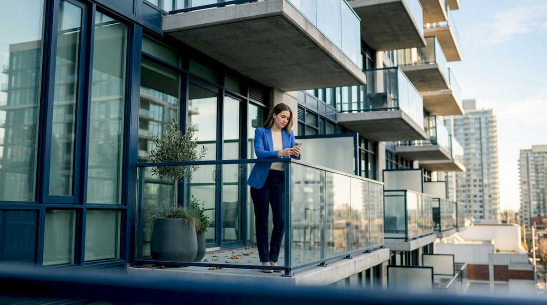 Woman leaning on apartment balcony glass railing