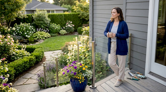 Person leaning on modern glass deck railing