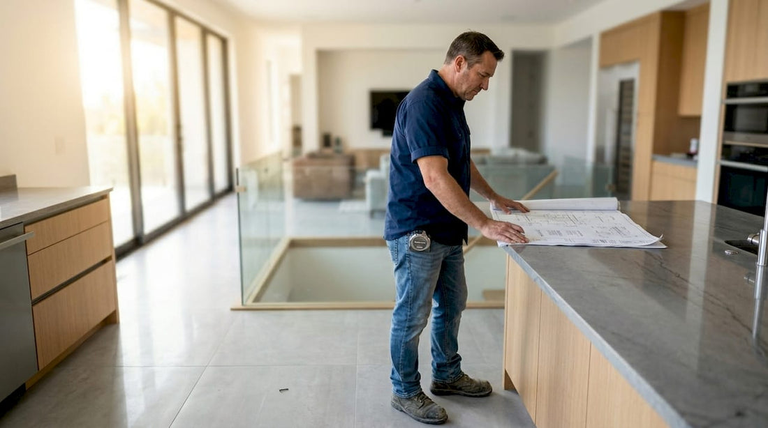 Contractor assembling glass railing in home