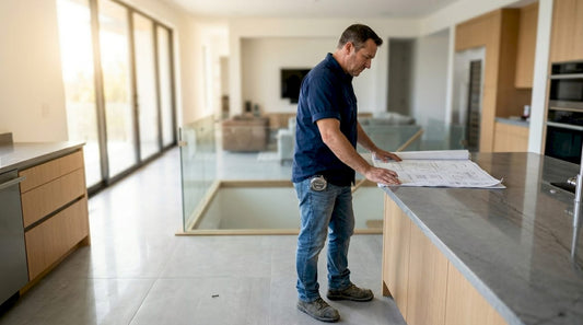 Contractor assembling glass railing in home