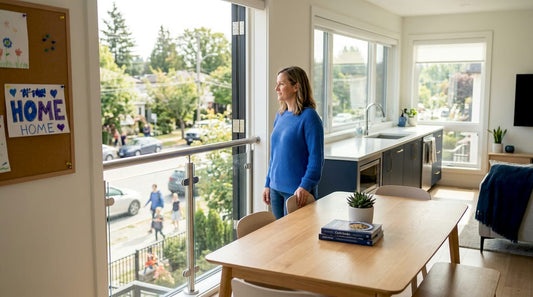 Homeowner stands inside glass railing balcony