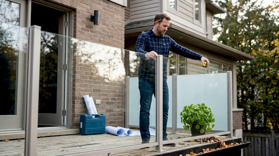 Homeowner measuring balcony railing for planning