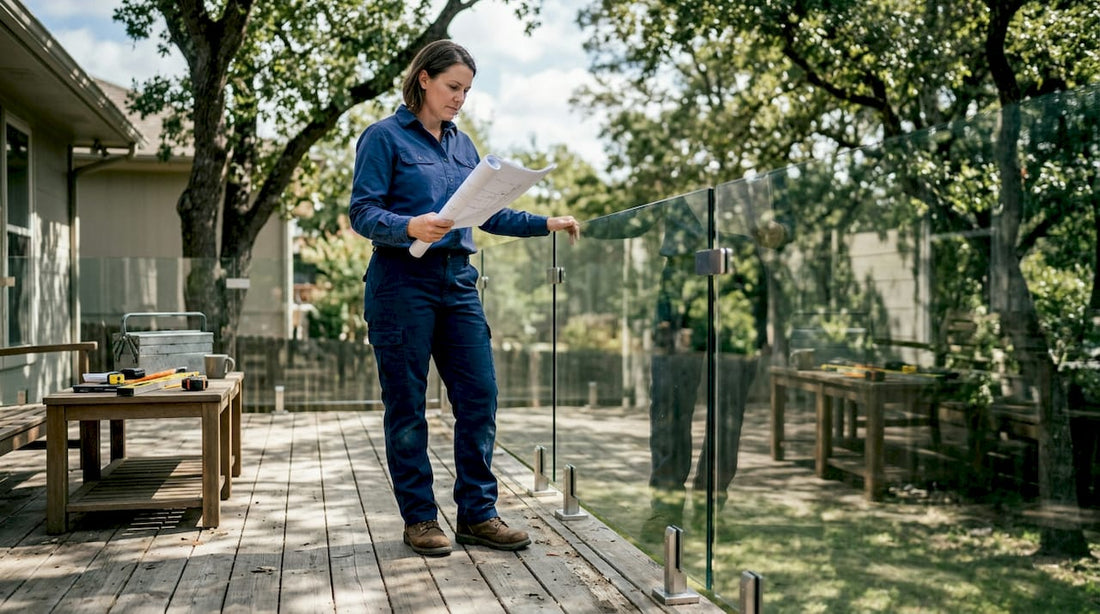 Contractor reviewing deck railing plan outdoors