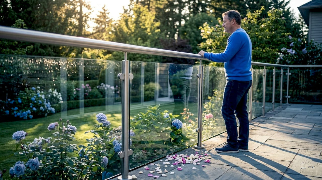 Homeowner by outdoor glass deck railing