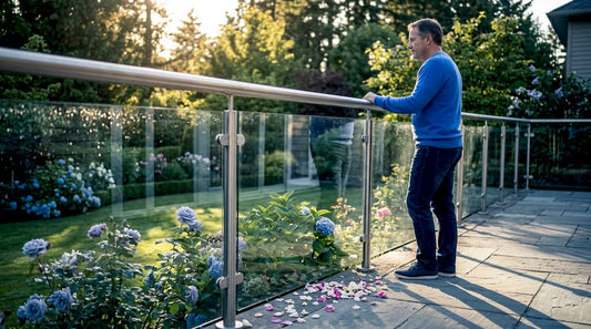 Homeowner by outdoor glass deck railing