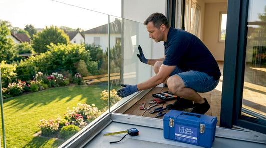 Contractor installing glass balcony railing