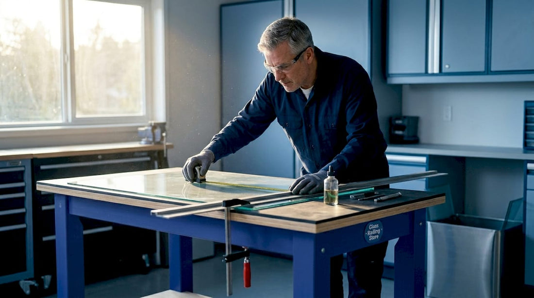 Homeowner prepping glass panel at workbench