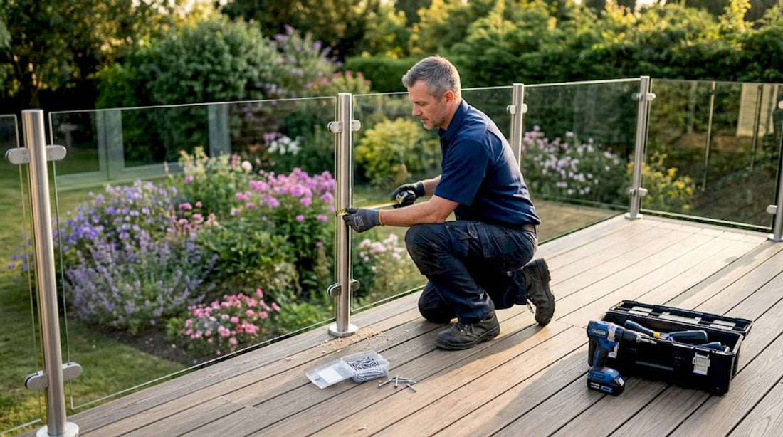 Contractor aligning glass railing post on deck