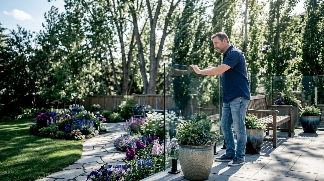 Homeowner examines postless glass deck railing