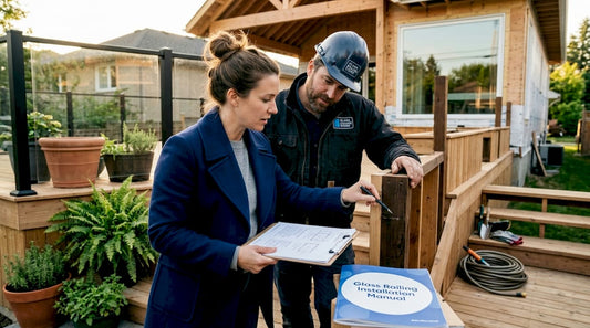 Architect and contractor examine deck railing
