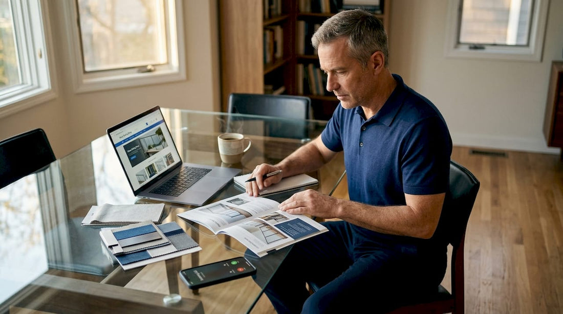 Person reviewing railing supplier brochures at home