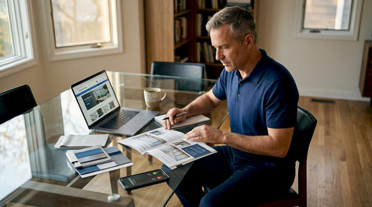 Person reviewing railing supplier brochures at home