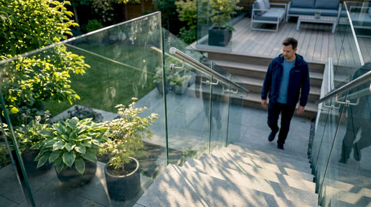 Outdoor staircase with clear glass railings