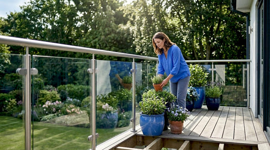 Modern balcony with glass balustrade and greenery