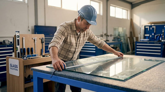 Person measuring glass panel width on workbench