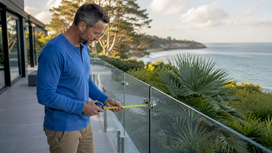 Homeowner inspecting glass railing on outdoor deck