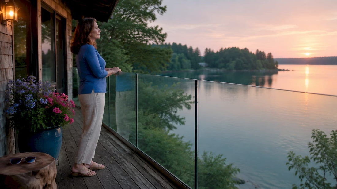 Woman admiring view through frameless glass railing