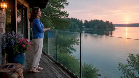 Woman admiring view through frameless glass railing