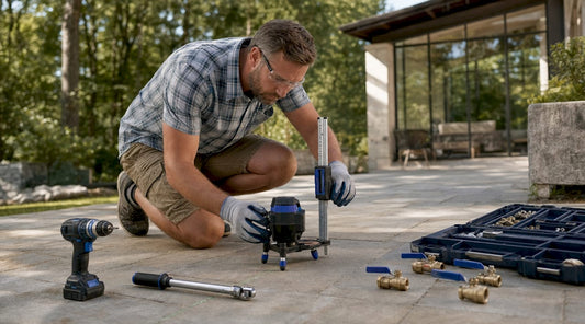 Builder using laser level on outdoor deck