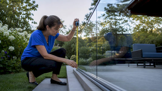Woman measuring exterior glass balcony barrier