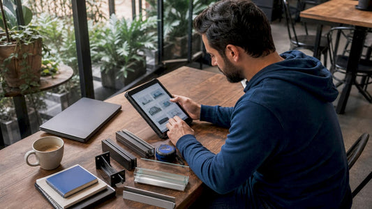 Contractor reviewing cable railing products on tablet