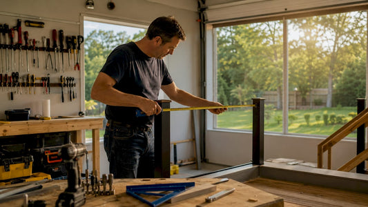 Man measuring railing corner post spacing on deck