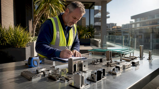 Builder inspecting glass hardware components on workbench