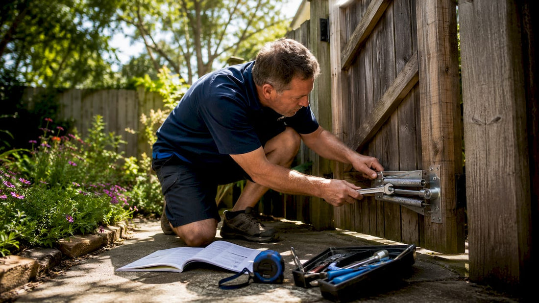 Man installing self-closing gate hardware outdoors