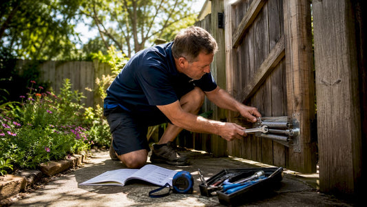 Man installing self-closing gate hardware outdoors