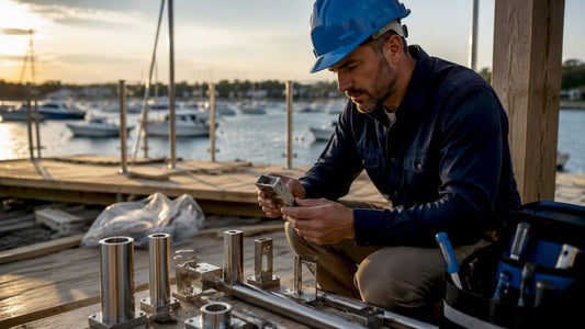 Builder inspecting marine grade stainless steel parts