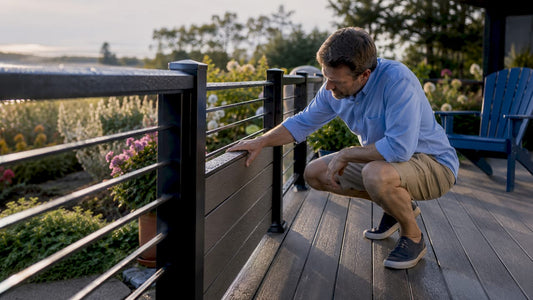 Homeowner inspecting composite and aluminum railings outdoors