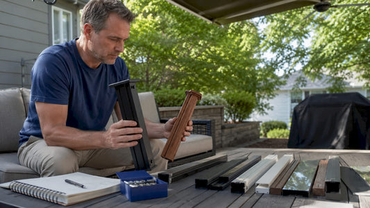 Homeowner inspecting various railing finish samples outdoors