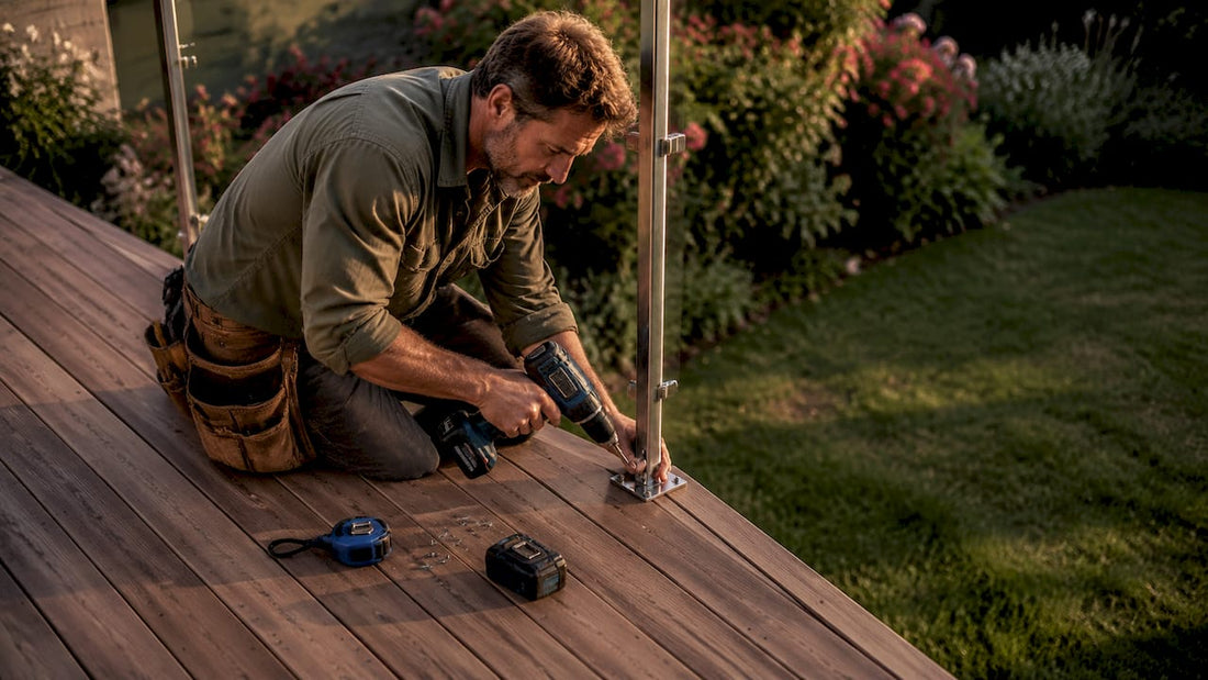 Carpenter securing glass railing on wood deck