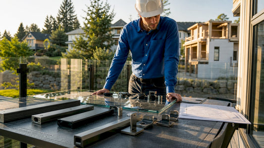 Construction worker examining glass railing kit parts