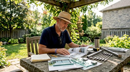 Contractor reviewing glass railing alternatives on outdoor deck table